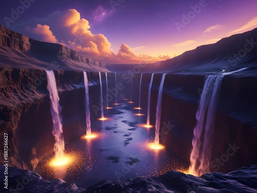 Surreal Purple Waterfalls Cascade into a Glowing Abyss under a Dramatic Sunset sky