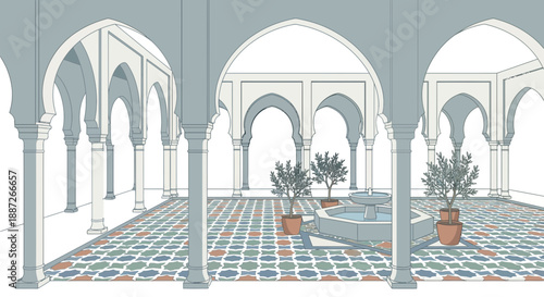 Serene courtyard with arches and fountain in a peaceful setting