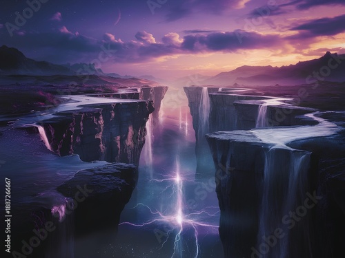 Surreal Purple Waterfalls Cascade into a Glowing Abyss under a Dramatic Sunset sky