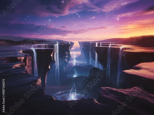 Surreal Purple Waterfalls Cascade into a Glowing Abyss under a Dramatic Sunset sky