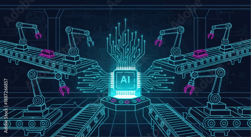 Ai powered robotic assembly line with glowing blue circuits and machinery