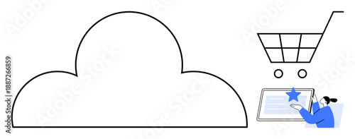 Cloud computing, e-commerce, user experience, online shopping, digital technology, internet services. Cloud outline, shopping cart person using a touch-screen tablet. Cloud computing and e-commerce