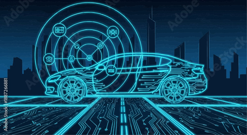 Futuristic electric car with hud technology on city road at night