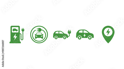 Vector electric vehicle icons set featuring EV charging stations, plug-in cars, and location pins for sustainable transport, green mobility, apps, UI, and eco design.