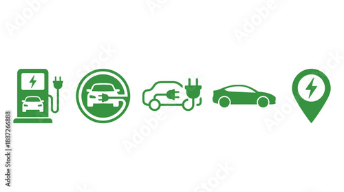 Vector electric vehicle icons set featuring EV charging stations, plug-in cars, and location pins for sustainable transport, green mobility, apps, UI, and eco design.