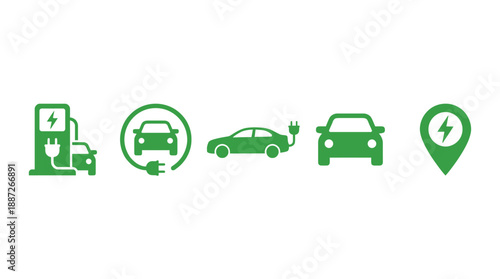 Vector electric vehicle icons set featuring EV charging stations, plug-in cars, and location pins for sustainable transport, green mobility, apps, UI, and eco design.