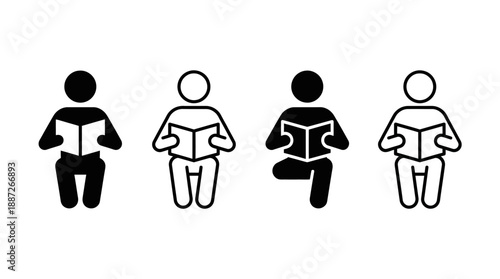Vector reading icons set showing seated and kneeling figures with books in solid and outline styles for education, libraries, learning apps, and literacy design.