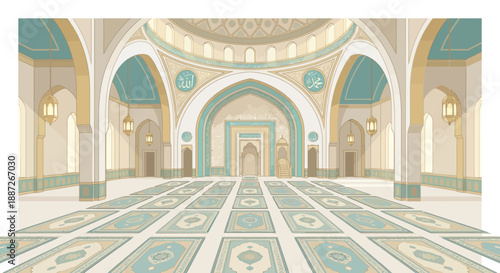 Interior of a beautiful mosque with intricate Islamic architecture