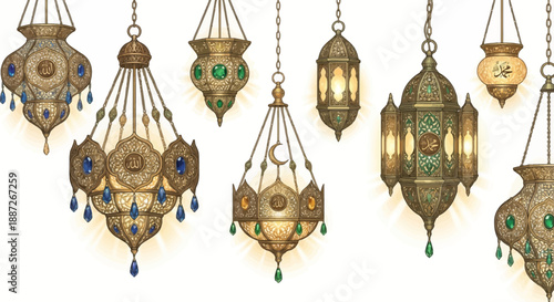 Beautifully crafted hanging lanterns with intricate designs and colorful gemstones