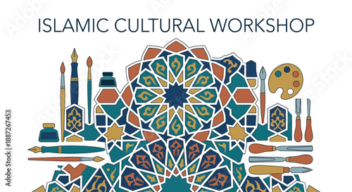 Vibrant Islamic cultural workshop with artistic tools and mosaic patterns