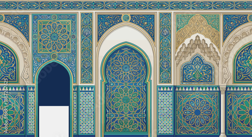 Intricate Islamic architecture with blue and gold ornate patterns