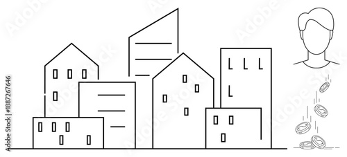 Financial growth, investments, economy, urban development, wealth, property ownership. Outline of modern buildings and falling coins beside a profile silhouette. Financial growth and investments