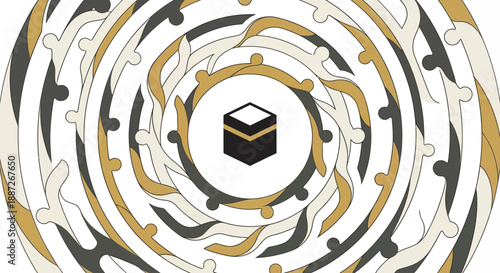 Modern puzzle design with Kaaba cube at center in gold and gray