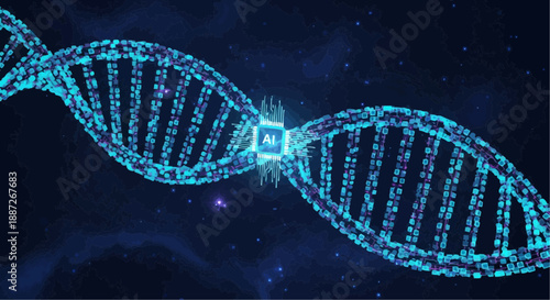 Glowing blue dna double helix structure with bright light effect on dark
