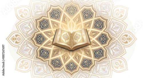 Elegant Islamic book on intricate geometric patterned background