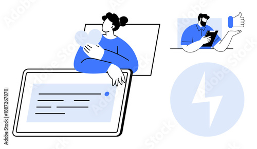 Relationships, social media, technology integration, digital communication, app interaction, user experience. A person with a heart over a tablet, a man using a device. Relationships and social media