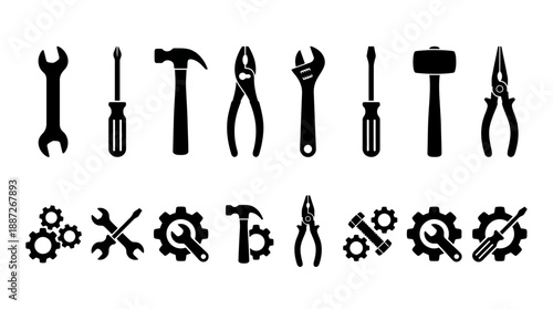 Vector hand tools and gear icons set for mechanical repair, maintenance, DIY projects, construction, engineering, and industrial design in black silhouette style.