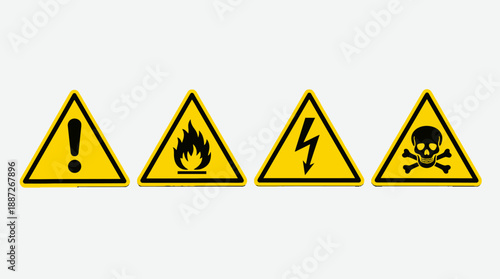Vector hazard warning signs set featuring toxic, fire, electric shock, and general caution symbols for safety posters, workplace alerts, and industrial signage design.