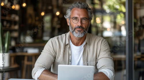 Mature man with gray hair and beard wearing glasses and casual shirt working on laptop