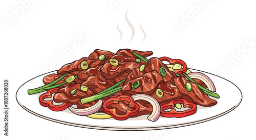 Spicy Sliced Beef Stir Fry with Red Peppers and Green Onions