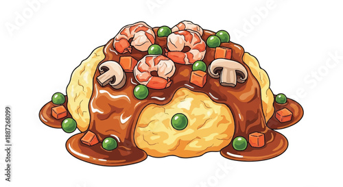 Japanese Omurice Omelette Rice with Demiglace Sauce Shrimp and Vegetables