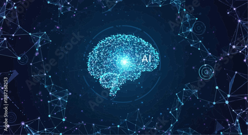 Glowing blue ai brain with neural network connections on dark background