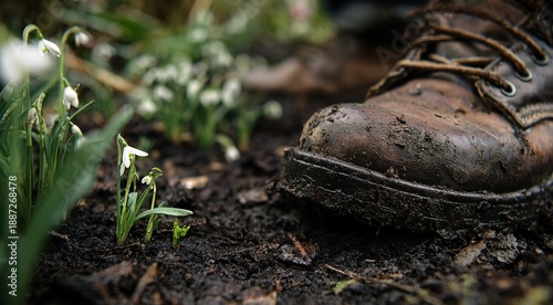 Wallpaper Mural Footsteps in the Wilderness: A lone boot treads across a damp soil, alongside delicate flowers, symbolizing resilience and the indomitable human spirit. Torontodigital.ca