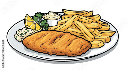 Deep Fried Fish and Chips with Tartar Sauce and Lemon Slice Illustration