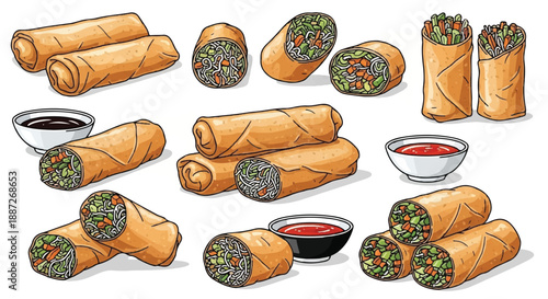 Assorted Crispy Fried Spring Rolls with Dipping Sauce Pattern Illustration
