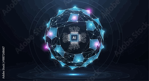 Glowing blue ai circuit sphere with pink accents on dark background