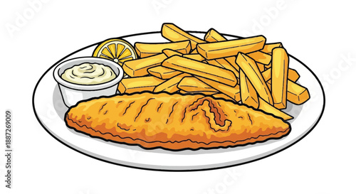 Crispy Golden Fish and Chips with Lemon and Tartar Sauce Illustration