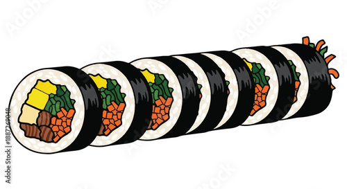 Japanese Sushi Roll or Korean Gimbap with Seaweed and Vegetables Illustration