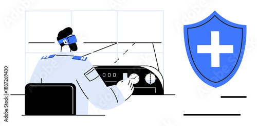 Aviation security, flight operations, safety programs, emergency healthcare, pilot training, disaster management. A pilot using aircraft controls with a shield symbol. Aviation security and safety