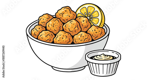 Golden Crispy Fried Chicken Nuggets in Bowl with Lemon and Dip Illustration