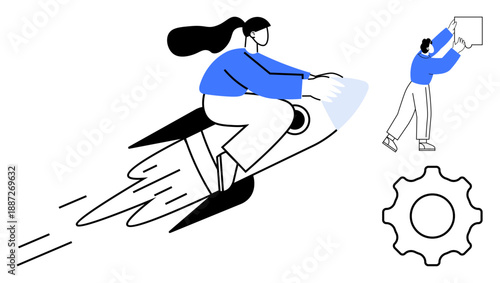 Business growth concept. Woman riding rocket progress and success. Team collaboration and innovation highlighted with creative work. Useful for entrepreneurship, teamwork, startups, and innovation