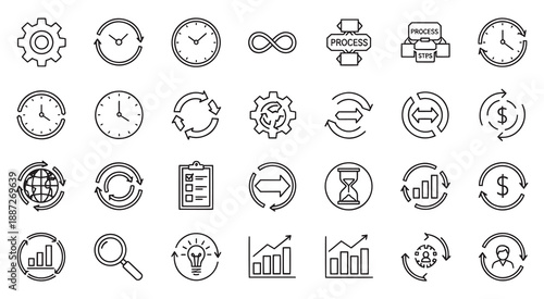 Set of outline icons related to continuity. Linear icon collection. Vector illustration
