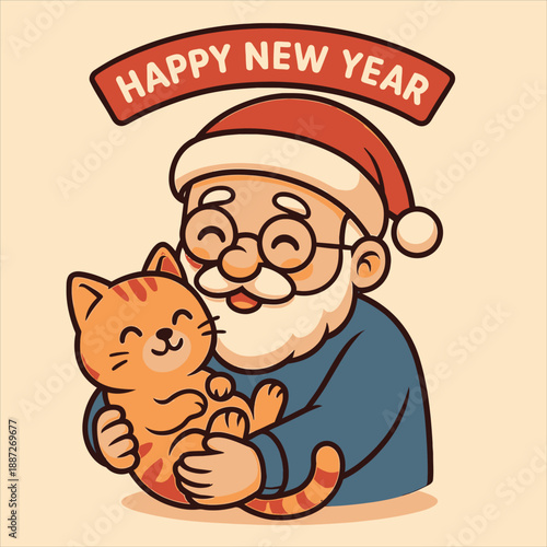A cheerful elderly man in a Santa hat and glasses hugs an orange cat under a Happy New Year banner in a colorful, flat vector illustration with a joyful mood against a light background.