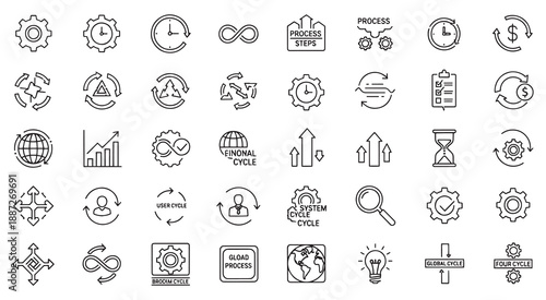 Set of outline icons related to continuity. Linear icon collection. Vector illustration
