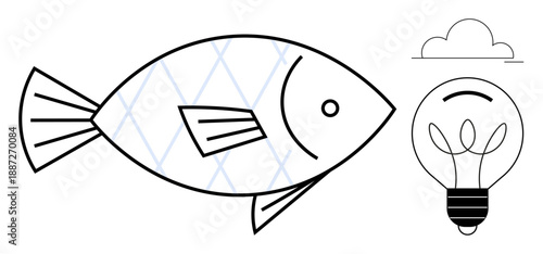 Sustainability, innovation, eco-friendly solutions, energy efficiency, creative thinking, marine conservation. Abstract fish, light bulb and cloud outline in minimalist style. Sustainability