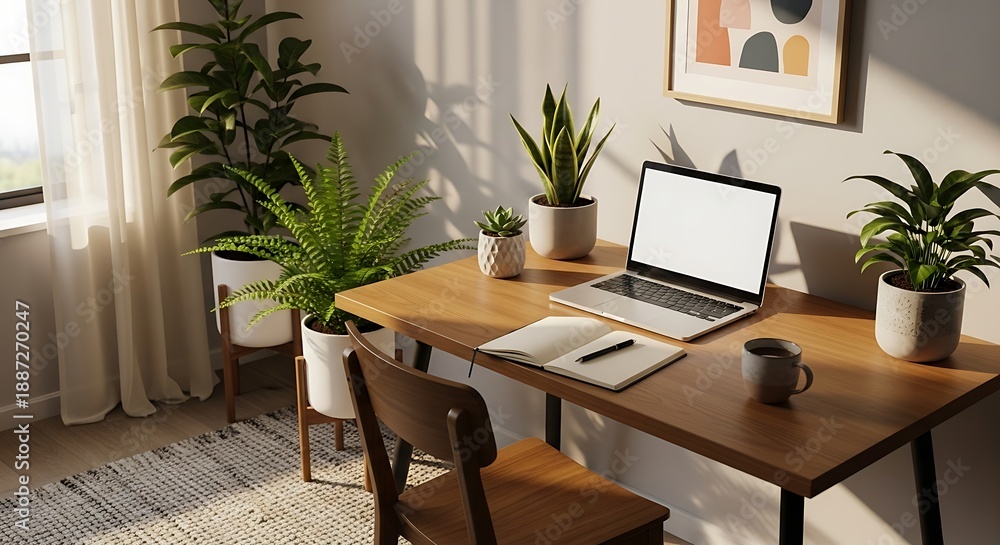 Fototapeta premium A bright modern office interior with a desk, table, chairs, wooden floor, and natural light from a window