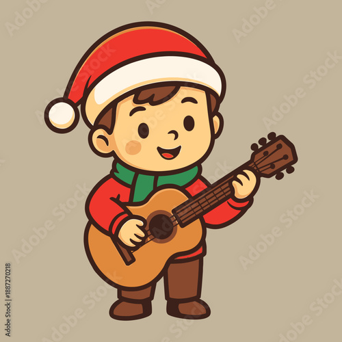 A cheerful cartoon boy wearing a Santa hat plays an acoustic guitar with a green scarf and red shirt against a beige background, flat vector illustration with a joyful mood.