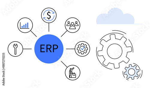 Business management, workflow organization, software solutions, resource planning, finance tracking, production efficiency. Central ERP hub connecting finance, tools people and processes. Business