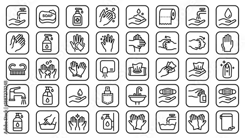 Comprehensive Set of 40 Handwashing and Sanitizing Line Icons Featuring Hand Hygiene, Soap Dispensers, Faucets, Face Masks, Gloves, and Paper Towels for Health, Safety, and Medical Prevention.