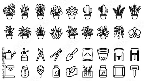 Set of 32 Indoor Houseplant and Gardening Care Vector Icons in Bold Outline Style; Includes Potted Monstera, Cactus, Succulent, Watering Can, Pruning Shears, Trowel, Soil, Grow Light, and Humidifier.