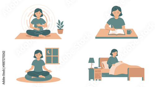 Vector illustration set of a woman practicing mindfulness and self-care routines including meditation, deep breathing, journaling at a desk, and getting restful sleep in a cozy bedroom scene.