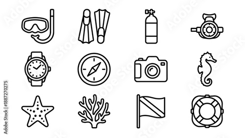 Set of 12 minimalist scuba diving and snorkeling line icons featuring a mask, fins, oxygen tank, regulator, dive watch, compass, camera, seahorse, starfish, coral, dive flag, and lifebuoy ring.