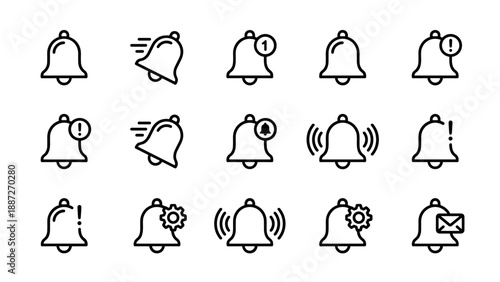 Set of 15 minimalist notification and alert bell line icons for UI/UX design, featuring various states like ringing, silent, message, settings, and warning, ideal for mobile apps and web interfaces.