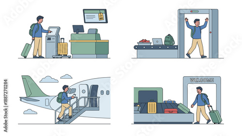Vector illustration set of a man's airport travel experience featuring check-in at a kiosk, security checkpoint screening, boarding a commercial airplane, and collecting luggage at baggage claim.