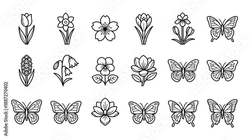 Minimalist Line Art Vector Icon Set of Spring Flowers and Butterflies, Featuring Tulip, Daffodil, Cherry Blossom, Crocus, Hyacinth, Snowdrop, Pansy, Magnolia, and Lotus in a Neat Grid Layout.