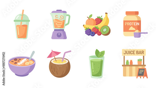 Set of 8 flat smoothie bar icons including a smoothie cup, blender, fresh fruit, protein powder jar, healthy smoothie bowl, tropical coconut drink, green juice, and a juice bar kiosk illustration.